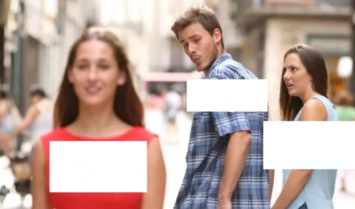 Blank Distracted Boyfriend meme template with label placeholders.