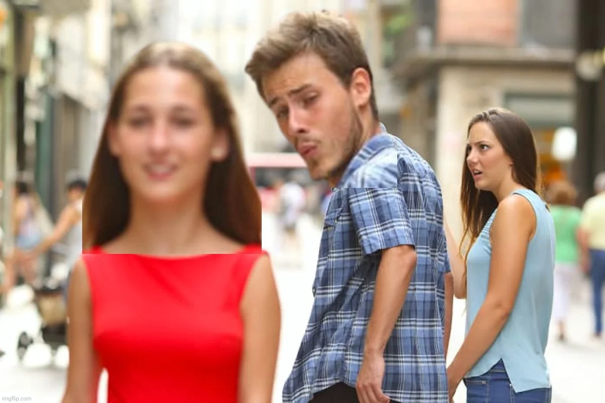 Clean Distracted Boyfriend template for meme creation.