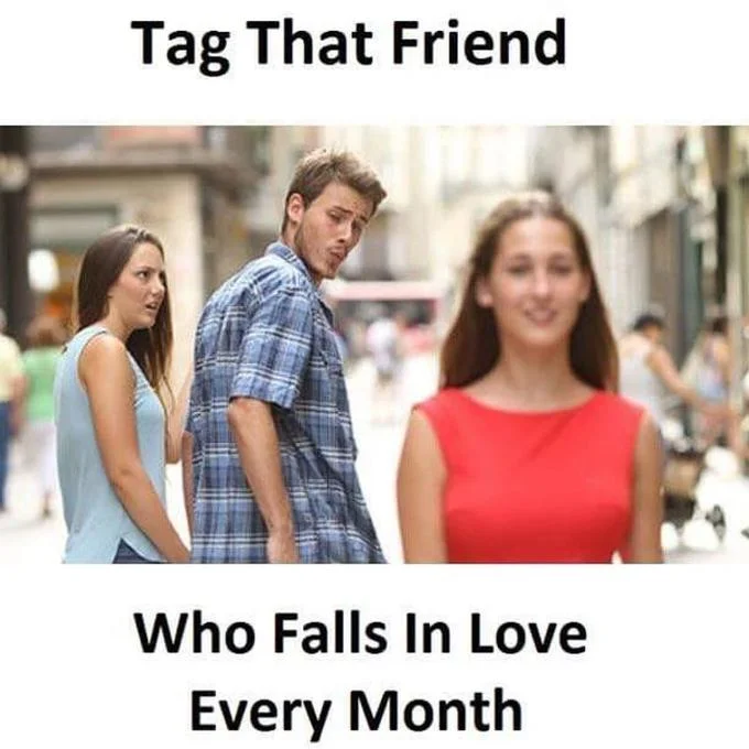 Facebook engagement-bait version of Distracted Boyfriend.