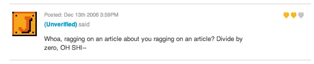 Early web forum using divide by zero meme colloquially.