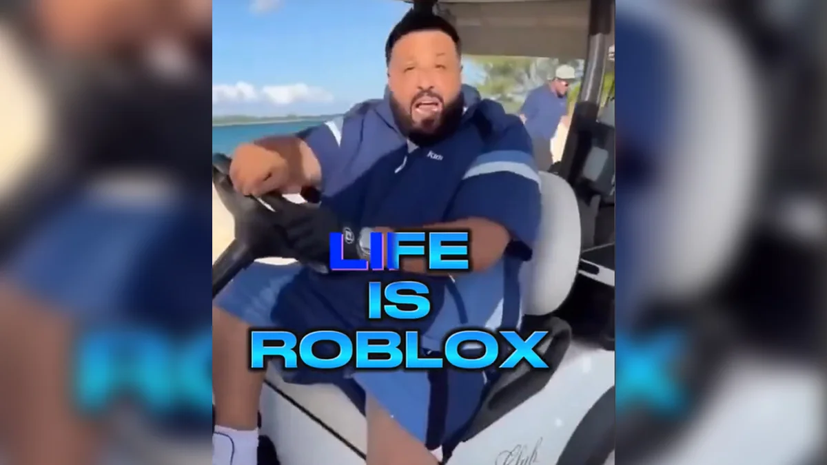 The viral video still of DJ Khaled declaring 'Life is Roblox' while driving a golf cart on the beach.
