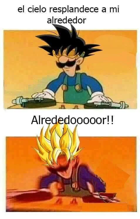 A Spanish-language Dragon Ball Z crossover version of DJ Luigi transforming into Super Saiyan Goku.