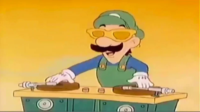 The original DJ Luigi frame from the 1991 Super Mario World cartoon that became the meme's iconic image.