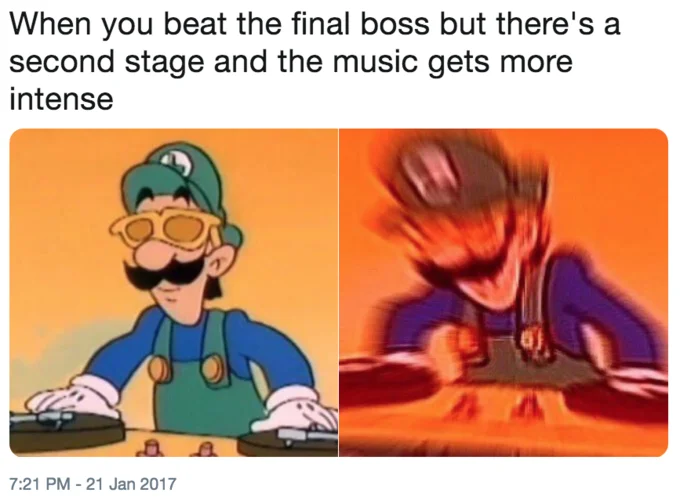 A popular Twitter DJ Luigi macro from January 2017 using the calm-to-intense transition as a gaming joke.