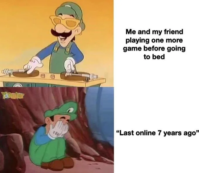 A bittersweet DJ Luigi meme contrasting the hype turntable frame with a crying Luigi for a joke about an old gaming friend.