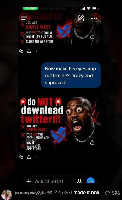 Screenshot documenting the meme's creation via ChatGPT, showing the user's request to make Kanye's eyes 'pop out like he's crazy.'