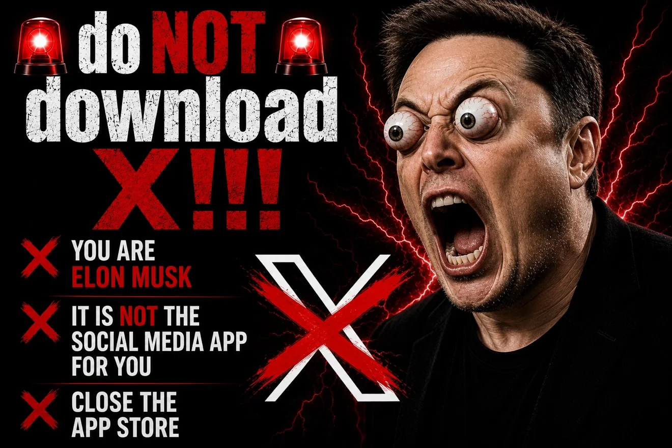 An ironic variation targeting Elon Musk, warning the X/Twitter owner not to download his own platform.