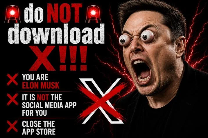 An ironic variation targeting Elon Musk, warning the X/Twitter owner not to download his own platform.
