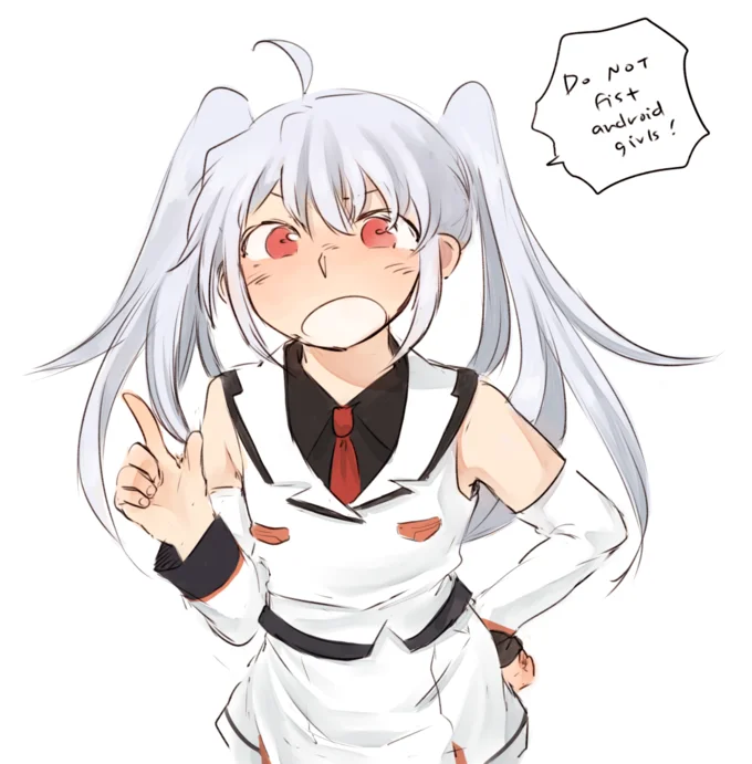 Fan art of an angry android girl delivering the meme's warning firsthand.