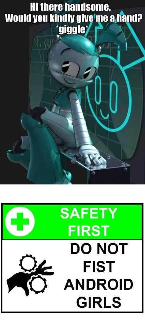 A meme combining an XJ9/Jenny flirtation scene with the safety-sign warning.