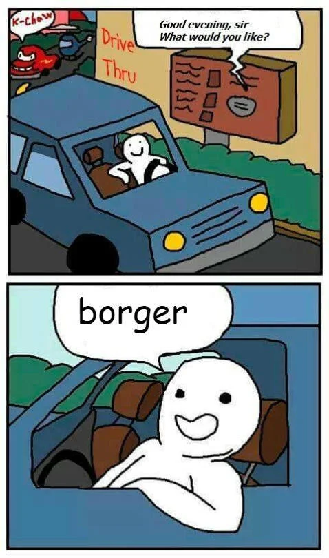A minimalist cartoon capturing the 'borger' punchline energy that inspired the meme's answer format.