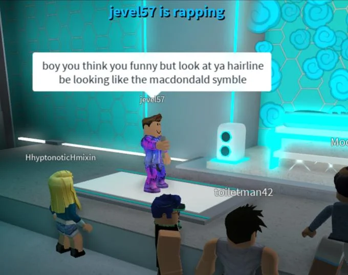 A Roblox rap battle screenshot playing on the meme's iconic 'macdondald' misspelling as a hairline insult.