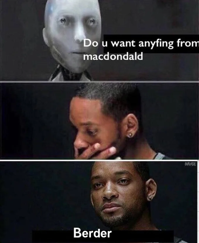A phonetic variant of the macdondald meme swapping the 'Borgar' answer for the equally mangled 'Berder'.