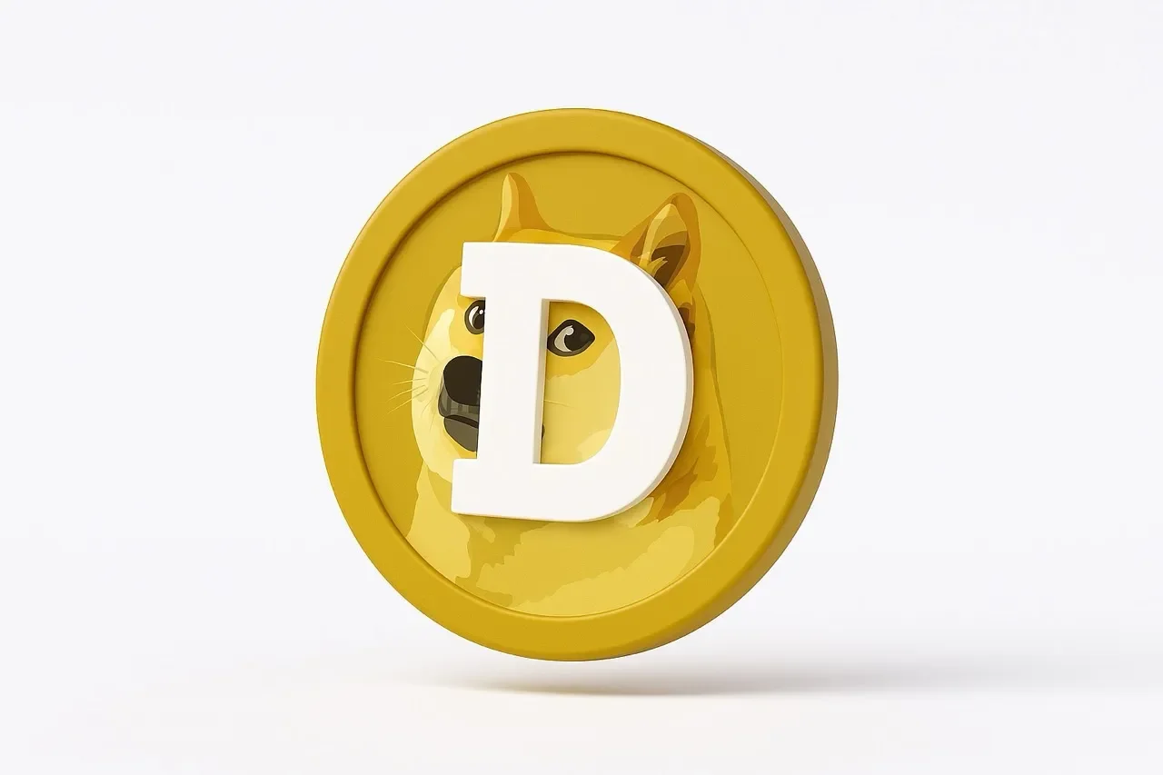 A 3D-rendered Dogecoin token displaying the cryptocurrency's iconic Shiba Inu mascot alongside its signature 'D' emblem.