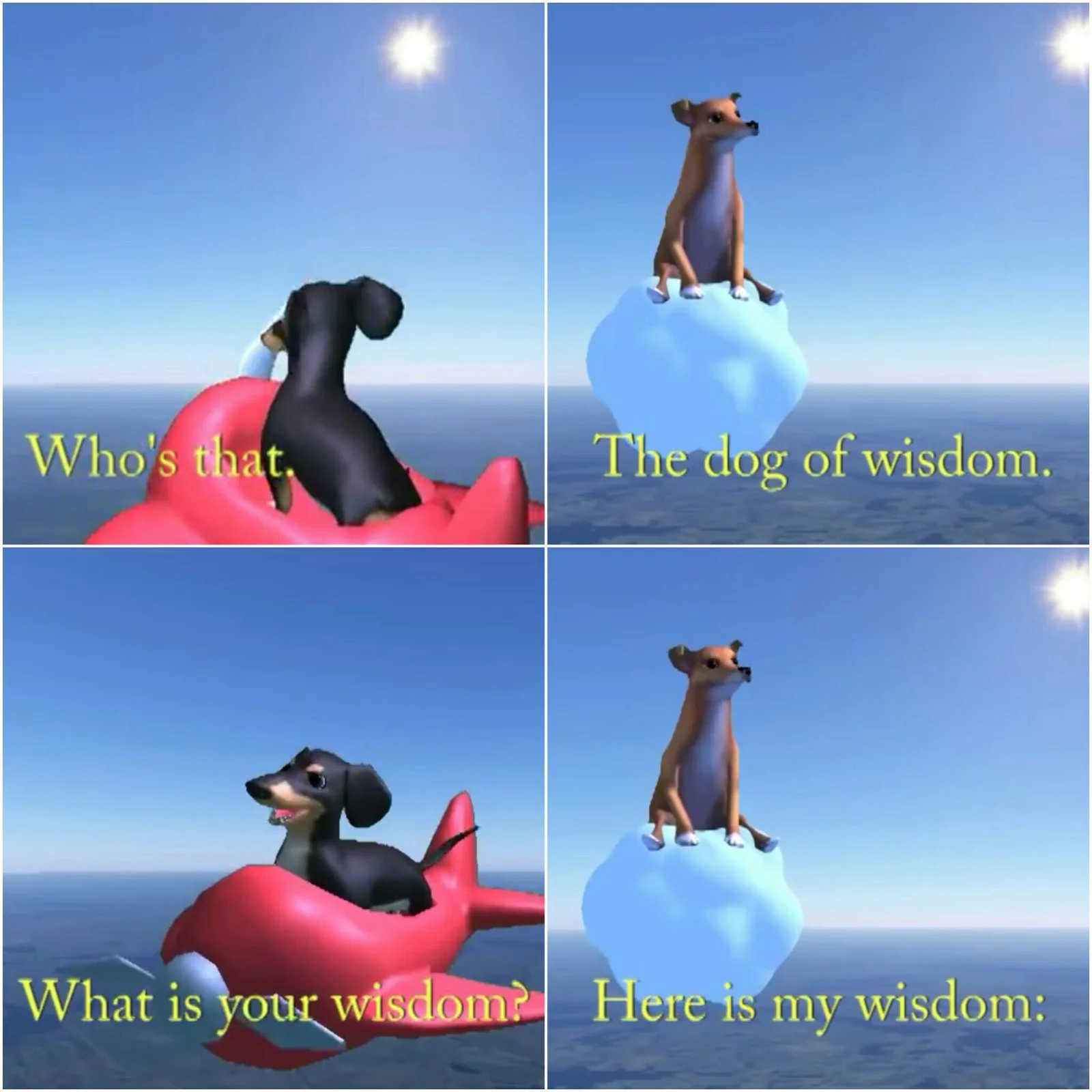 Four-panel Dogs of Wisdom meme with animated dogs and wisdom dialogue exchange