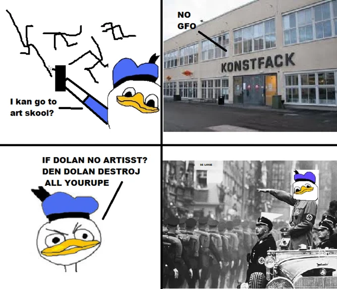 A Dolan comic pairing Dolan with Fethry Duck for a sauna gag in the meme's signature art style.