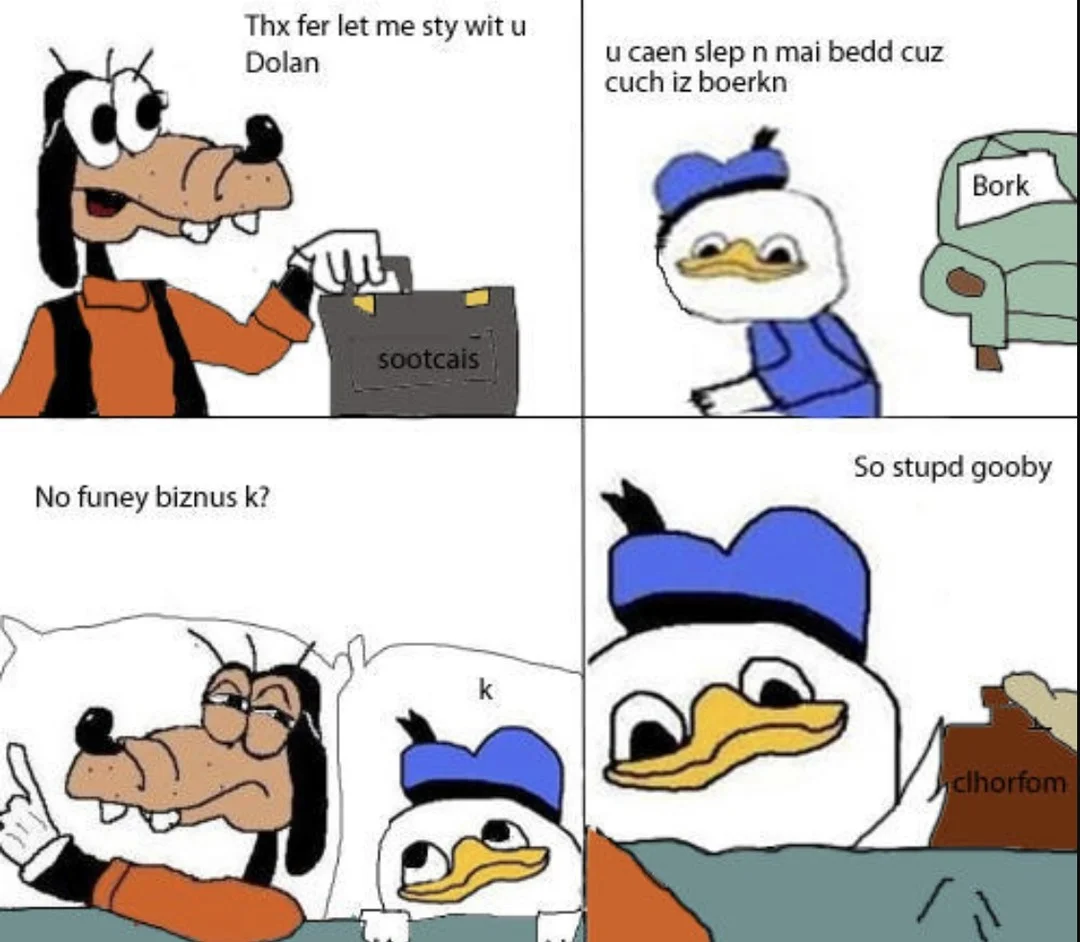 Dolan comic with intentional language errors.