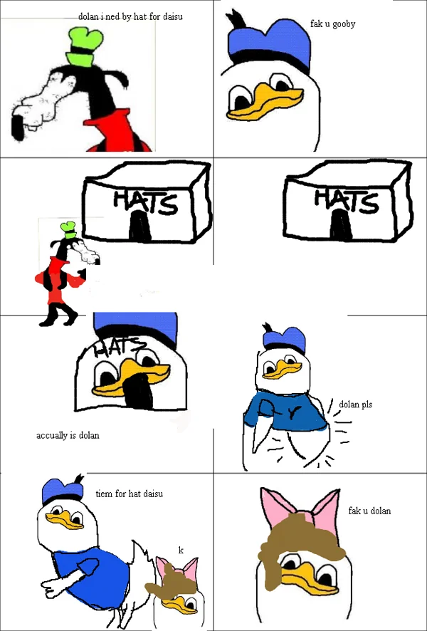 Four-panel Dolan comic with absurdist humor.