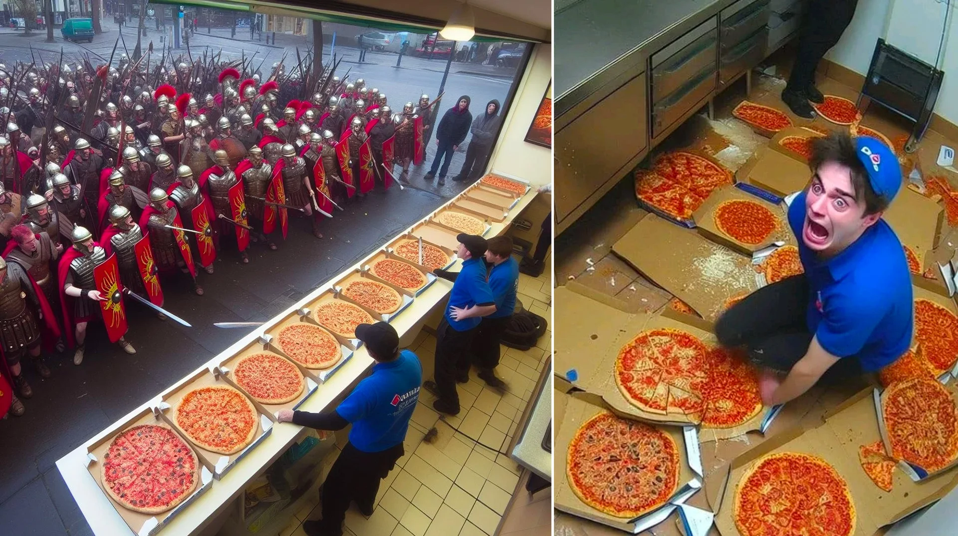 The cover image for the Domino's Pizza AI images meme, pairing a Roman legion at the counter with a chaotic scene of pizzas scattered across the store floor.
