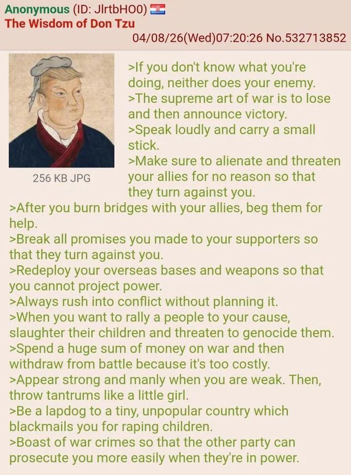 A 4chan post compiling 'The Wisdom of Don Tzu' — a satirical greentext list of paradoxical strategic 'wisdom' attributed to the meme character.