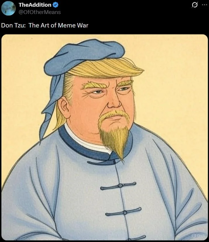 A tweet by @OfOtherMeans presenting a cartoonish 'Don Tzu' portrait of Trump styled after traditional Chinese scholar paintings.