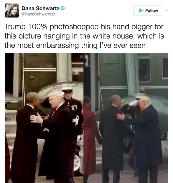 Dana Schwartz's viral tweet comparing the official White House photo of Trump greeting Obama with the original press image, arguing his hand was enlarged.