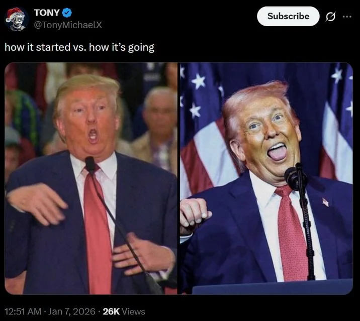 Trump evolution meme with weightlifter impression.