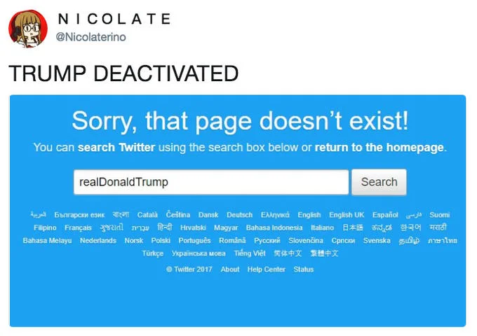 A tweet documenting the moment in November 2017 when Trump's Twitter account returned a 'page doesn't exist' error.