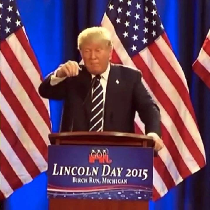 Donald Trump delivering his infamous 'bing bong' speech at the Lincoln Day 2015 event in Birch Run, Michigan.