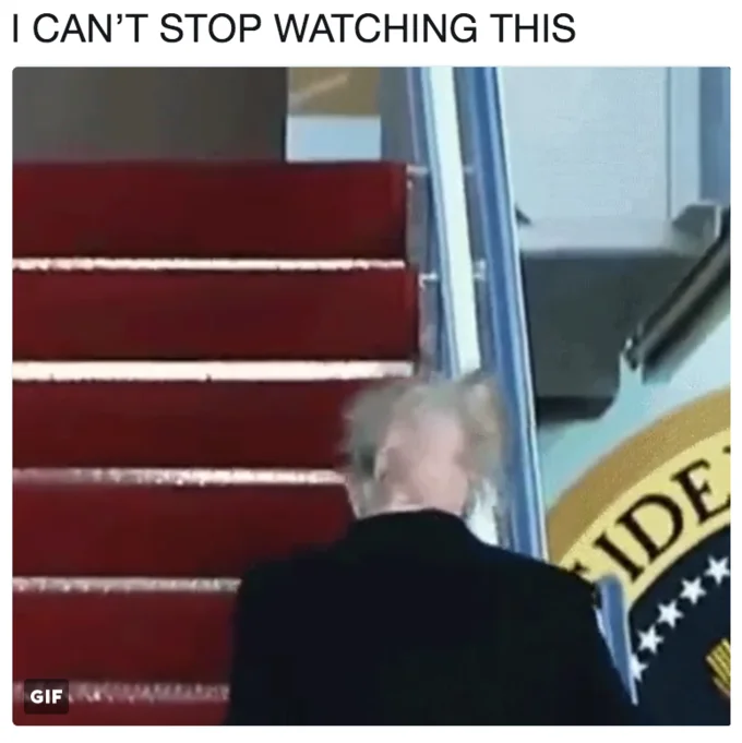A widely shared meme captioned 'I can't stop watching this,' referencing the 2018 Air Force One clip that revived interest in Trump's hair.