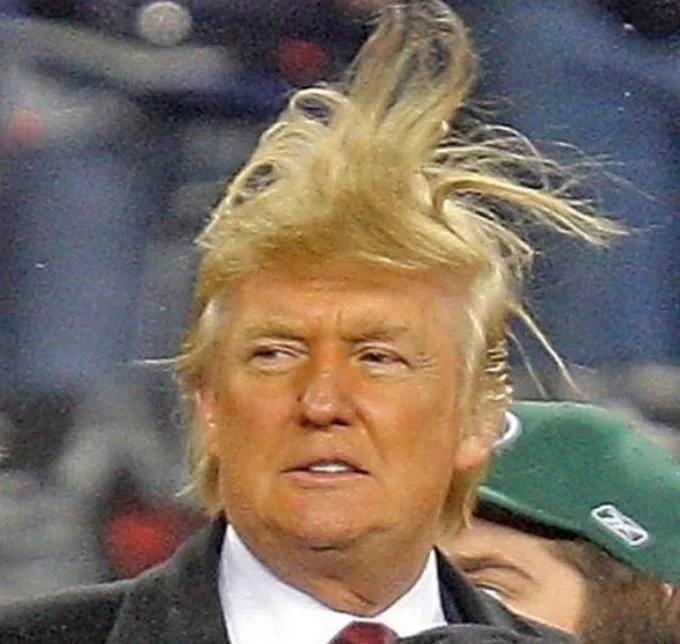 Another iconic windswept moment where Trump's hair rises into a dramatic peak, fueling internet speculation about its construction.