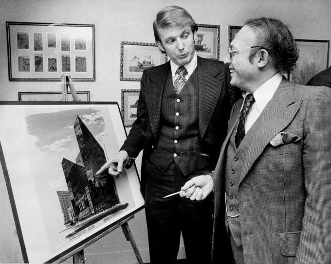 An early photo of a young Donald Trump discussing a real estate project, showcasing his natural hair before its now-iconic transformation.