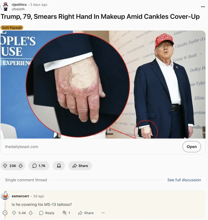 Reddit discussion of hand makeup speculation.
