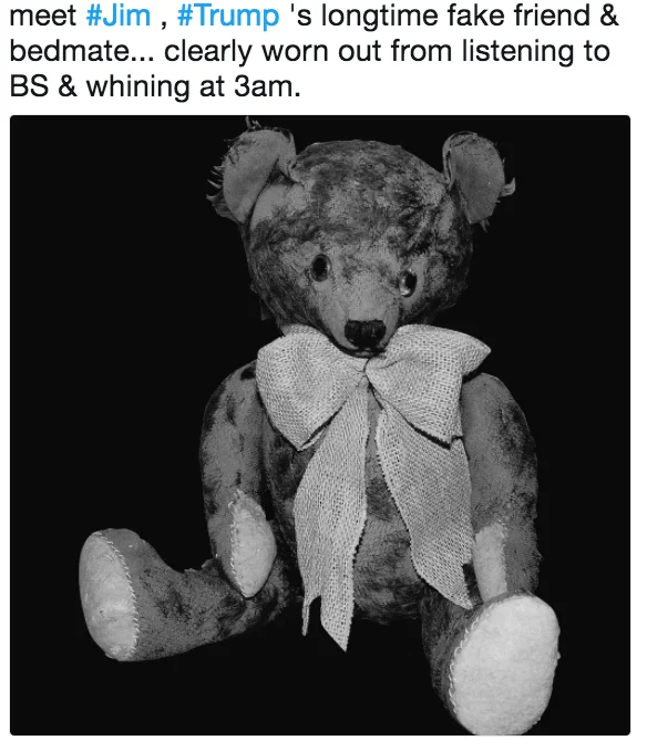 Teddy bear as Jim satirical meme.