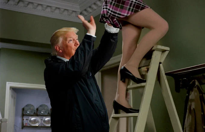 A photoshopped meme repositioning Trump's paper-towel-throwing pose into an unrelated scene.