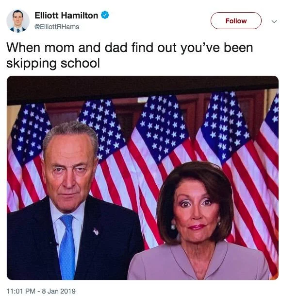 Another popular joke tweet transforming Schumer and Pelosi's Democratic rebuttal into a scolding-parents meme.