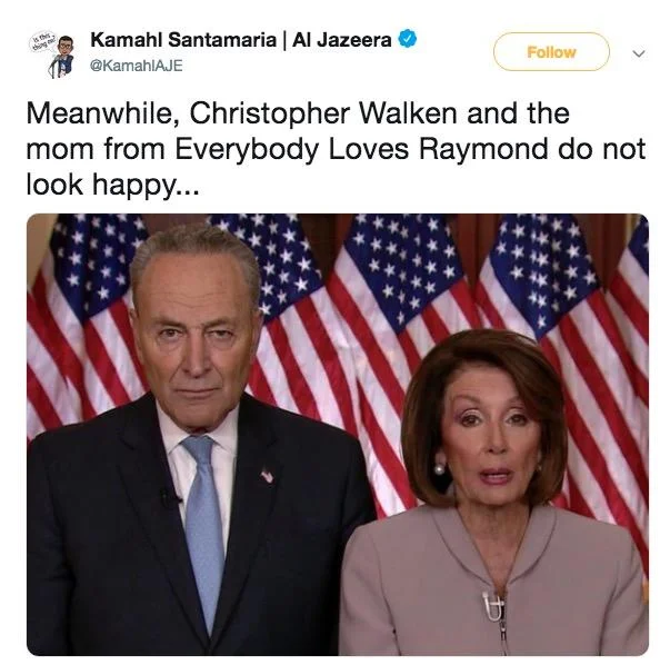 A widely shared joke tweet comparing Schumer and Pelosi's Democratic response appearance to fictional TV characters.