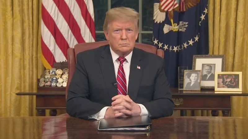 President Donald Trump delivering his prime-time Oval Office address on immigration and border security in January 2019.