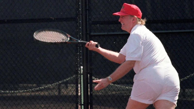 The original photograph of Donald Trump playing tennis that spawned the viral meme.