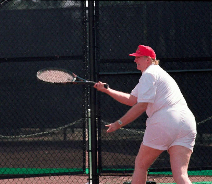 The unmodified source photograph of Donald Trump playing tennis.