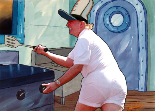 A popular photoshop remix placing the tennis-photo Trump into SpongeBob's Krusty Krab kitchen.
