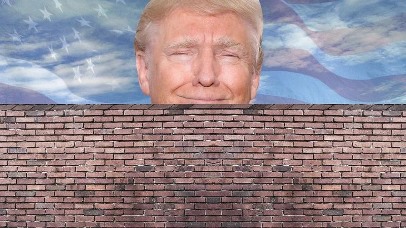 Trump peeking over border wall illustration.