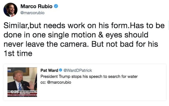 Marco Rubio roasts Trump's water technique.