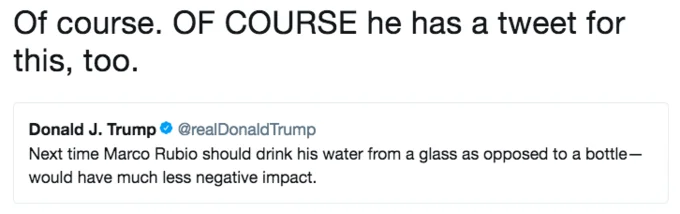 Trump's old tweet mocking water bottle drinking.