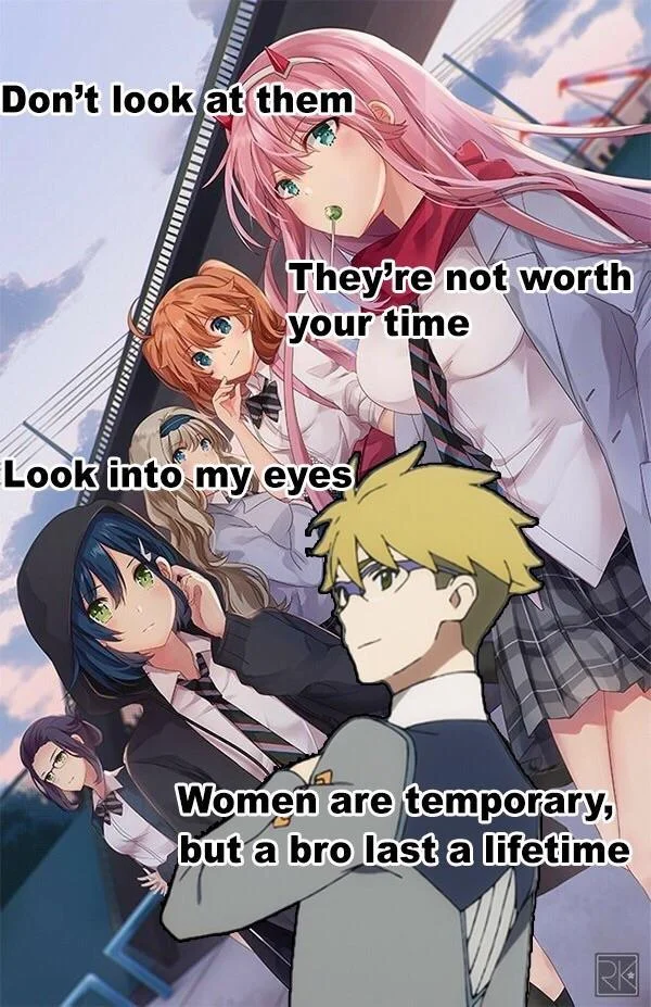 A 'bros before hoes' spin on the Don't Look at Her format using an anime scene and the punchline 'a bro last a lifetime.'