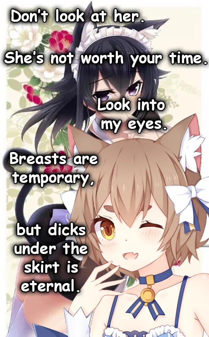 A trap-themed anime variant of Don't Look at Her, using cat-girl maids to deliver a subversive punchline.
