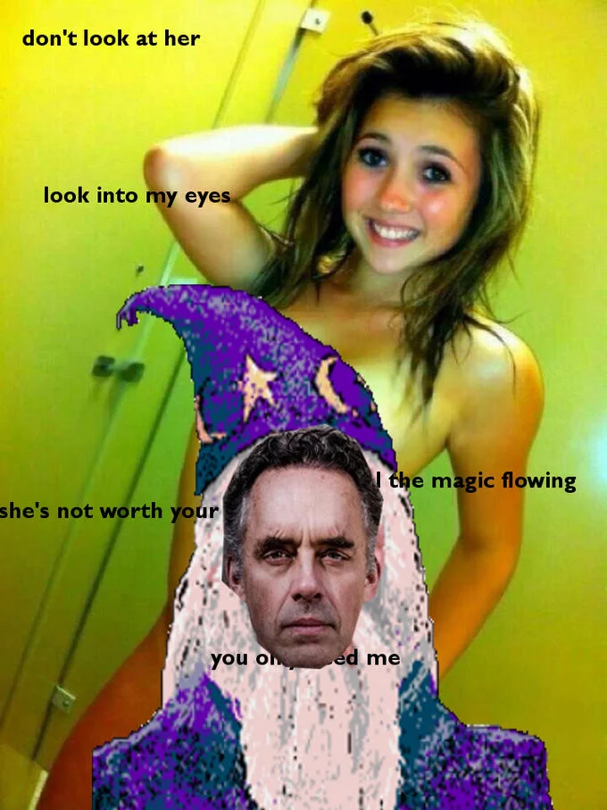 A Jordan Peterson edit of the wizard 'Don't Look at Her' meme, swapping the wizard's face for the Canadian psychologist.
