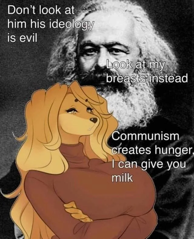 A political parody of the Don't Look at Her format, reversing roles with a cartoon character warning against Karl Marx's ideology.