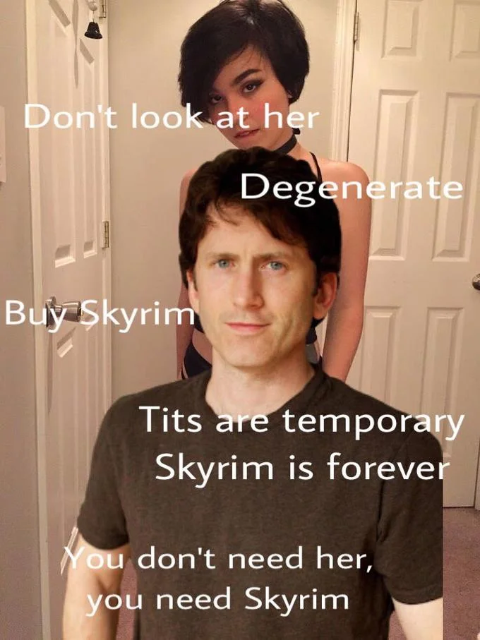 A Todd Howard edit of Don't Look at Her, replacing the usual advice with a pitch to 'Buy Skyrim.'