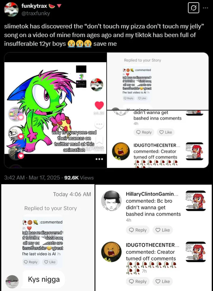 Original creator @traxfunky vents on Twitter about SlimeTok users rediscovering their old animation set to the "don't touch my pizza" song.